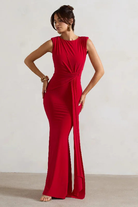 backless prom dress-Kadie | Red Sleeveless Gathered Maxi Dress With Drape