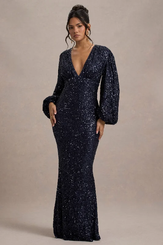 sheer sleeve sundress-Kaelin | Navy Sequin Plunge-Neck Maxi Dress