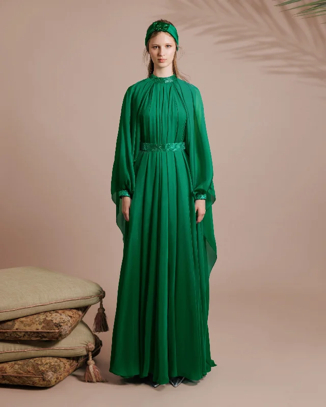 royal blue sundress-Flared Green Organza Kaftan