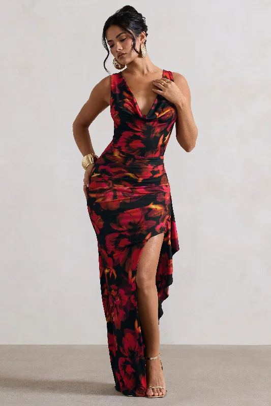 velvet party dress-Kaida | Red Floral Print Cowl-Neck Ruffled Split Maxi Dress