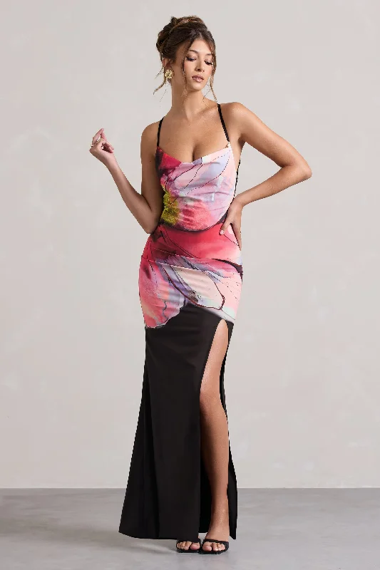 flared cocktail dress-Kali | Black Floral Print Cowl-Neck Open-Back Split Maxi Dress