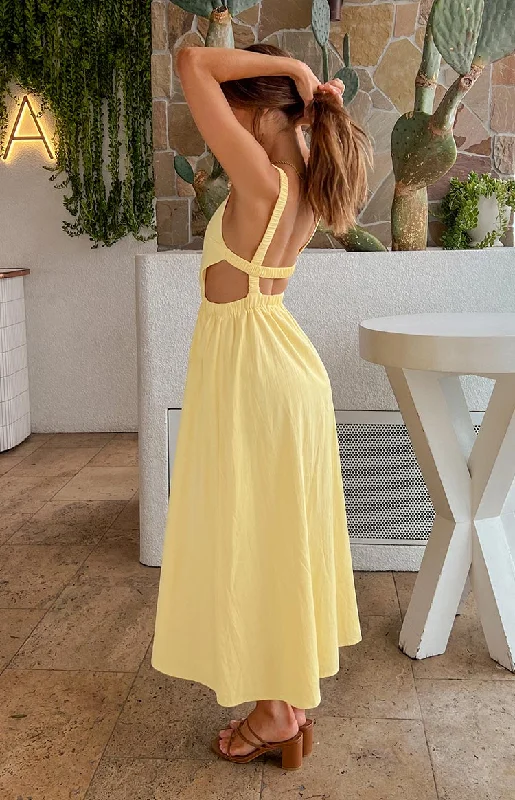 ruffled prom dress-Kensington Yellow Backless Midi Dress