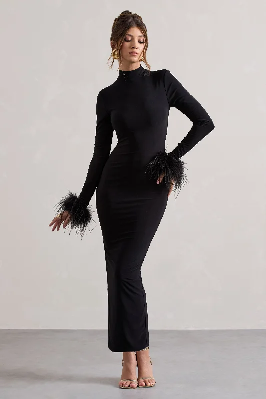 satin cocktail dress-Khalia | Black High-Neck Feather-Cuff Maxi Dress