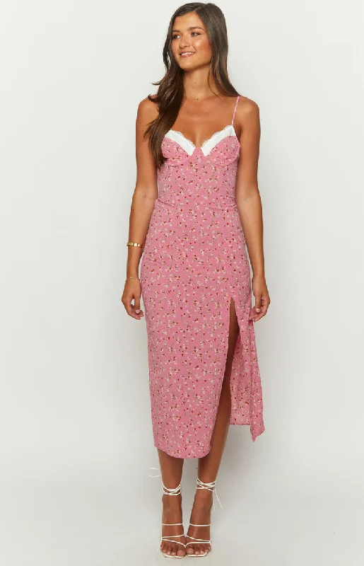 blush pink evening dress-Kinsley Pink Floral Midi Dress