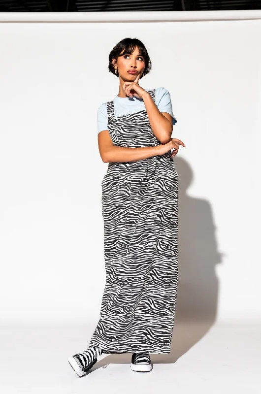 ruffled cocktail dress-Can't Tame Me Denim Overall Dress in Zebra Stripes