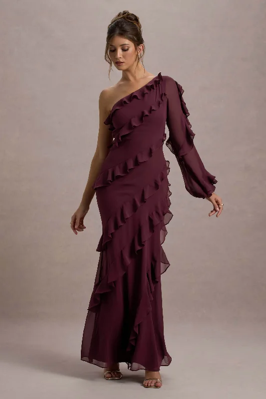 pleated skirt dress-Lalika | Burgundy Asymmetric One-Sleeve Ruffle Maxi Dress