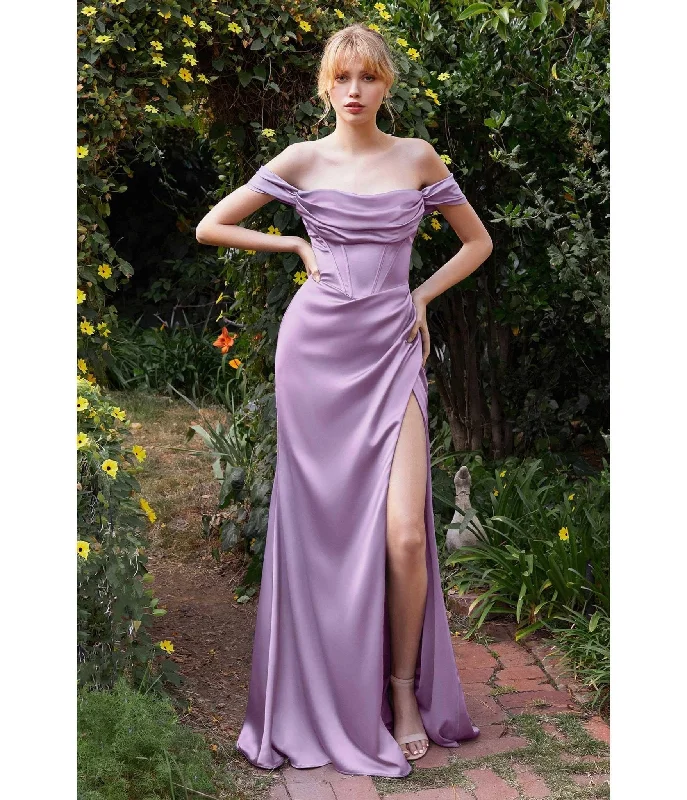 coral prom dress-Cinderella Divine Lavender Satin Off the Shoulder Corset Bridesmaid Gown