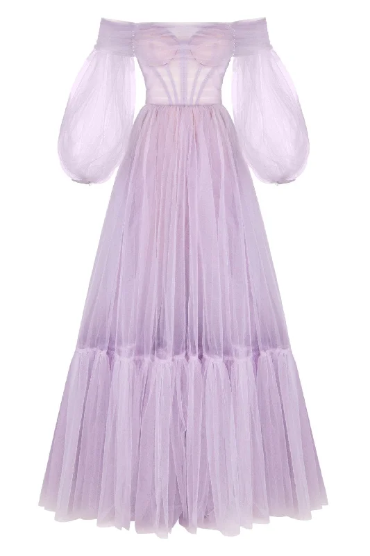 silver party dress-Lavender Sheer Sleeves Maxi Tulle Dress