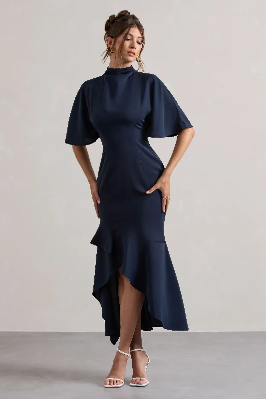 flowy cocktail dress-Lavinia | Navy High-Neck Flutter-Sleeve Asymmetric Maxi Dress