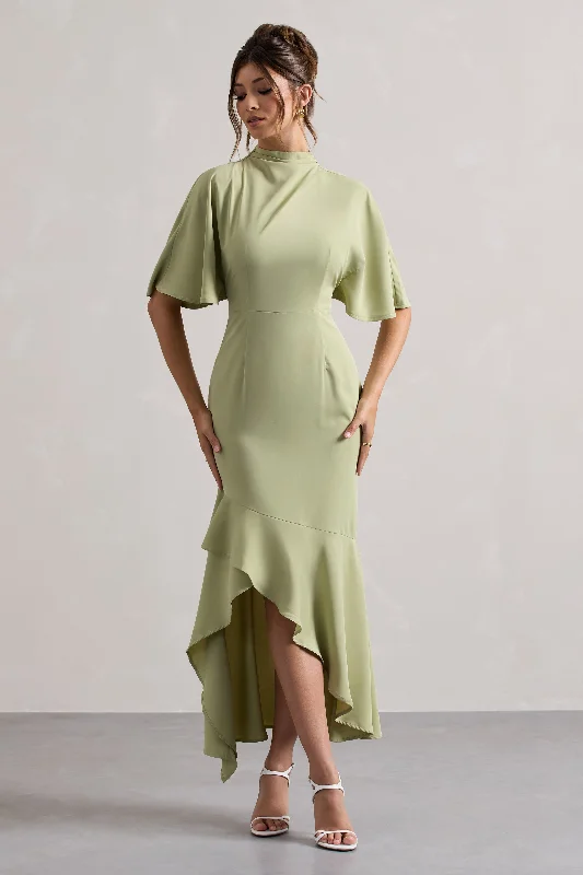 embroidered cocktail dress-Lavinia | Sage High-Neck Flutter-Sleeve Asymmetric Maxi Dress