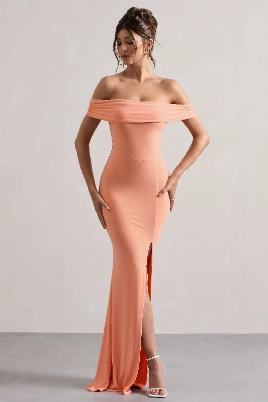 flared evening dress-Law of Attraction | Coral Bardot Draped Split Maxi Dress