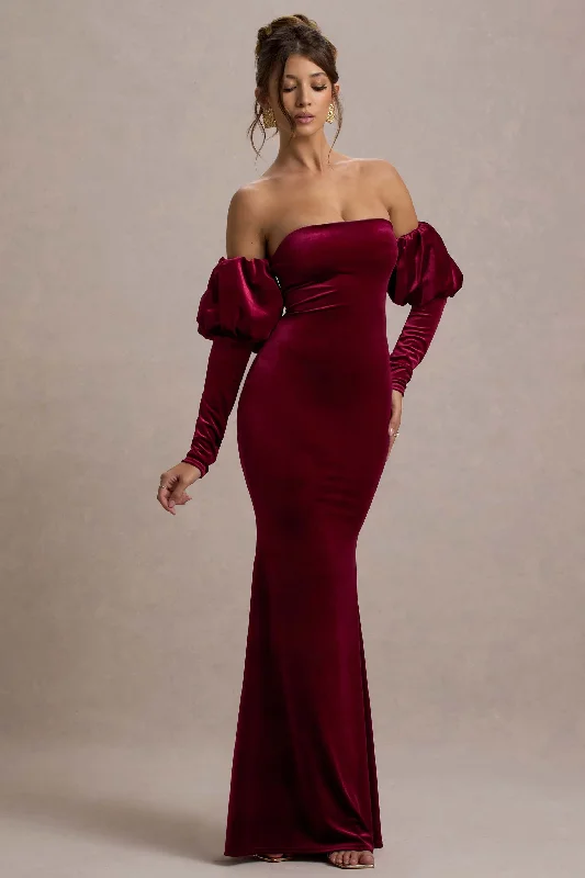 pleated maxi dress-Neoma | Berry Velvet Bardot Puff-Sleeve Maxi Dress