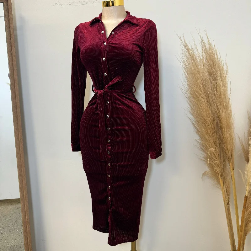 knit prom dress-Lena Corduroy Button Down Midi Dress-Burgundy