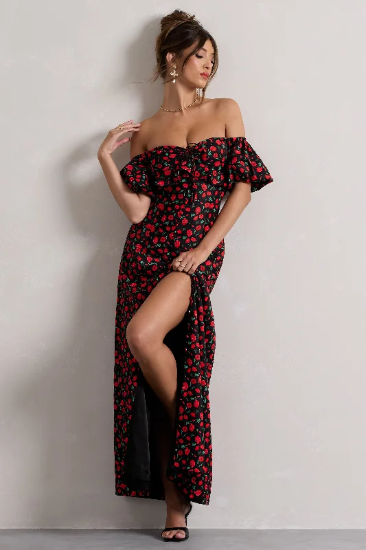 white evening dress-Lenna | Black & Red Floral Bardot Buttoned Split Maxi Dress