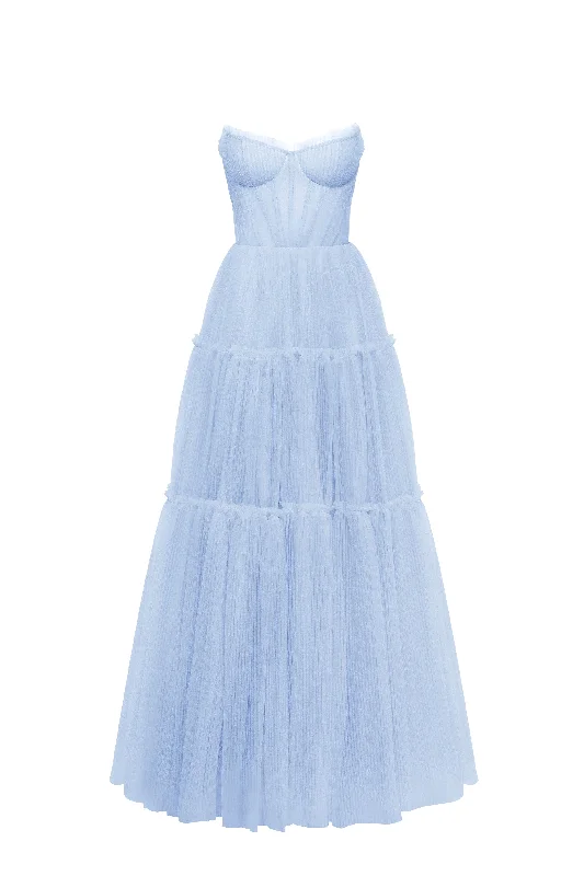 chic sundress-Light blue tulle maxi dress with ruffled skirt, Garden of Eden