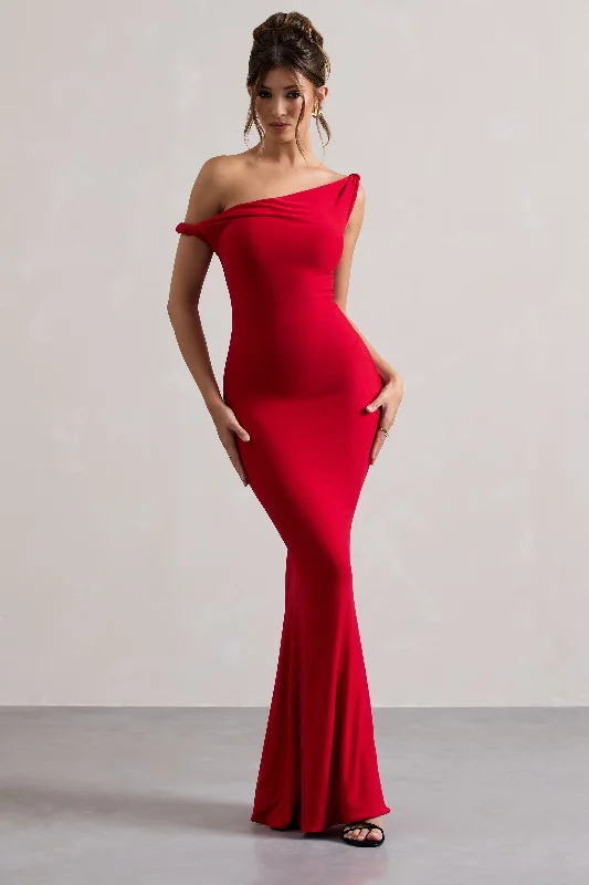 coral evening dress-Lita | Red Twisted Asymmetric Maxi Dress