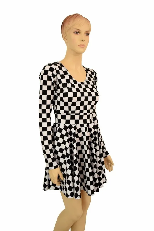 leather evening dress-Long Sleeve Checkered Skater Dress