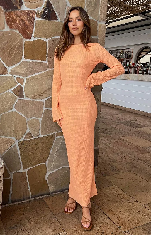 halter prom dress-Looking For Love Orange Long Sleeve Midi Dress