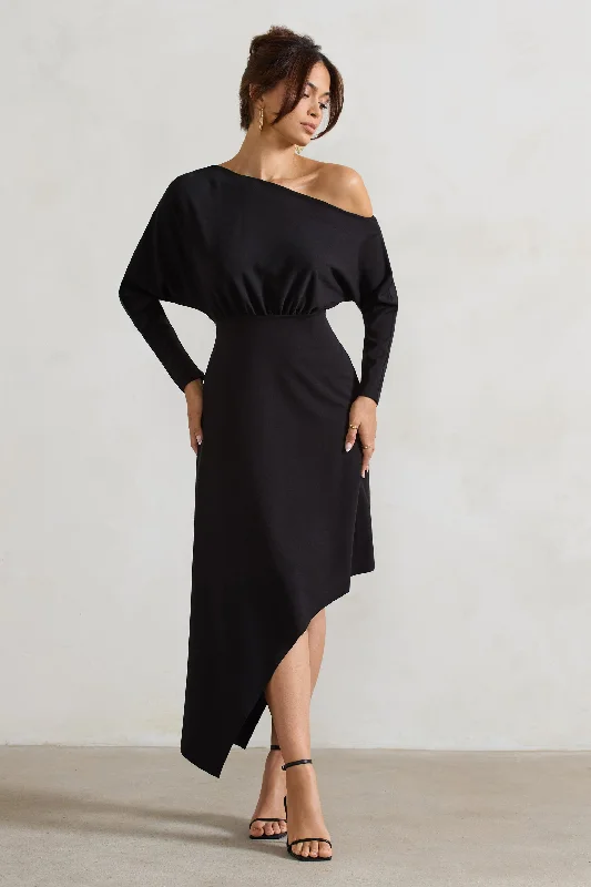 tulle evening dress-Lori | Black Asymmetric Long-Sleeve Maxi Dress