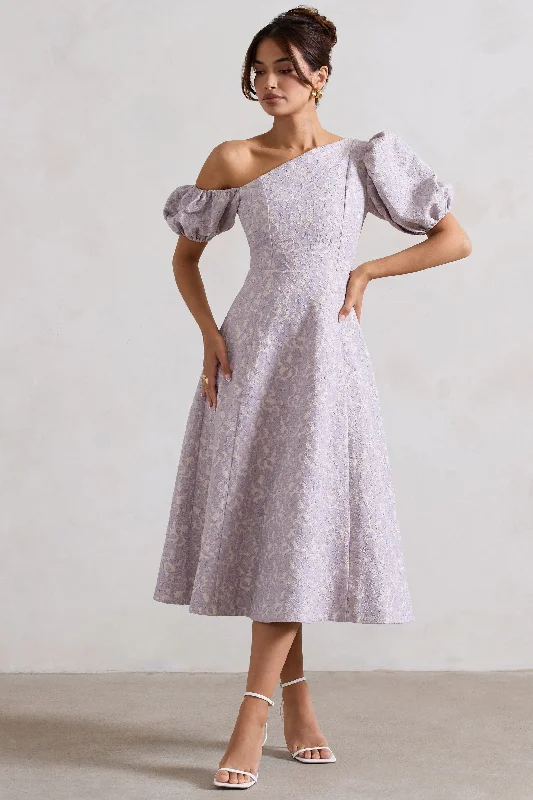 silver cocktail dress-Lottie | Mauve Lace Asymmetric Puff-Sleeve Maxi Dress