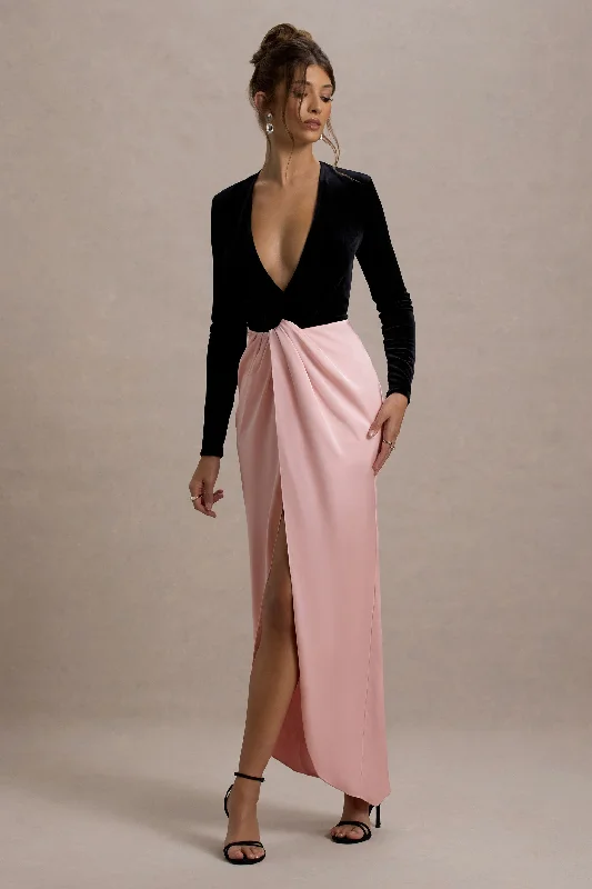 long sleeve sundress-Love Spell | Black Velvet Plunge-Neck Maxi Dress With Pink Satin Skirt