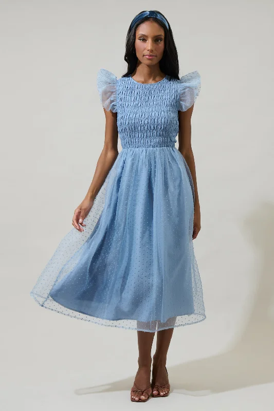 off shoulder dress-Lucille Organza Dot Smocked Midi Dress