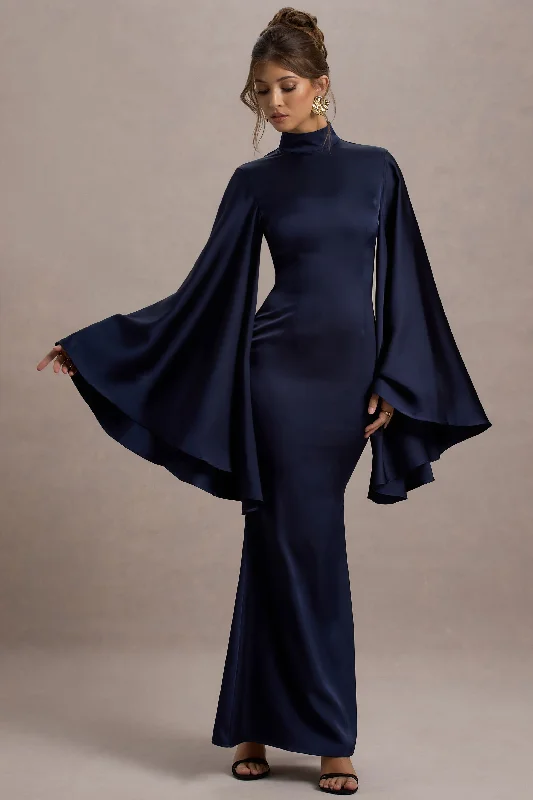 glitter party dress-Maceline | Navy Satin High-Neck Maxi Dress With Cape Sleeves