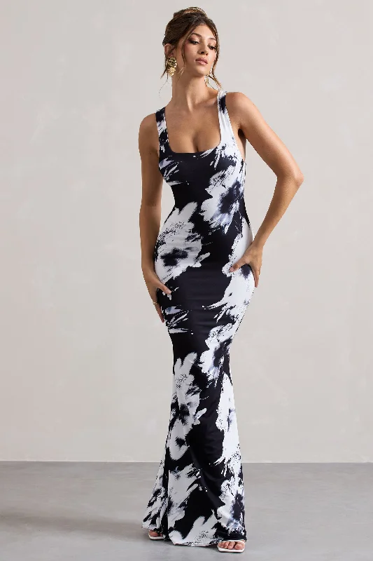 ruched bodycon dress-Mahina | Monochrome Floral Print Square-Neck Maxi Dress