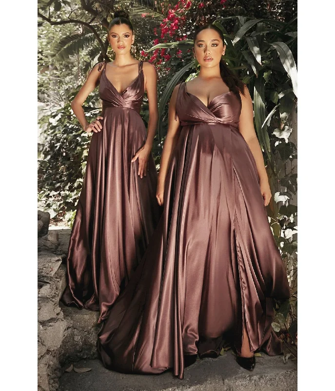 lace overlay prom dress-Cinderella Divine  Mahogany Flowy Satin A-Line Bridesmaid Gown