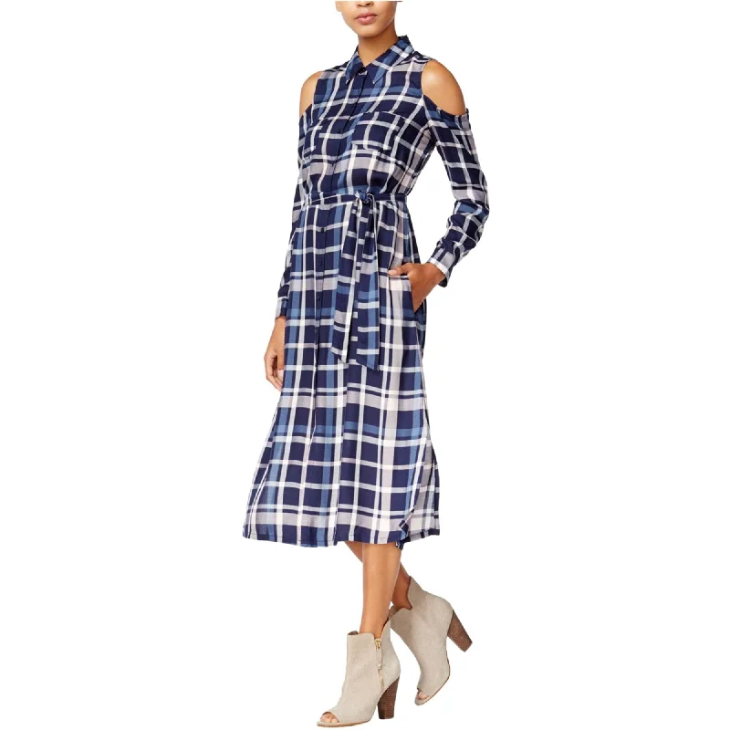 one shoulder maxi dress-maison Jules Womens Cold-Shoulder Plaid Midi Shirt Dress, Blue, X-Large