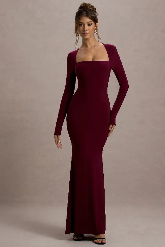 sapphire blue dress-Maja | Burgundy Square-Neck Long-Sleeve Maxi Dress