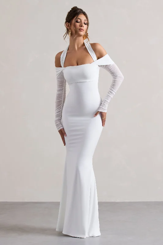 cold shoulder maxi dress-Malisha | White Halter-Neck Long-Sleeve Fishtail Maxi Dress