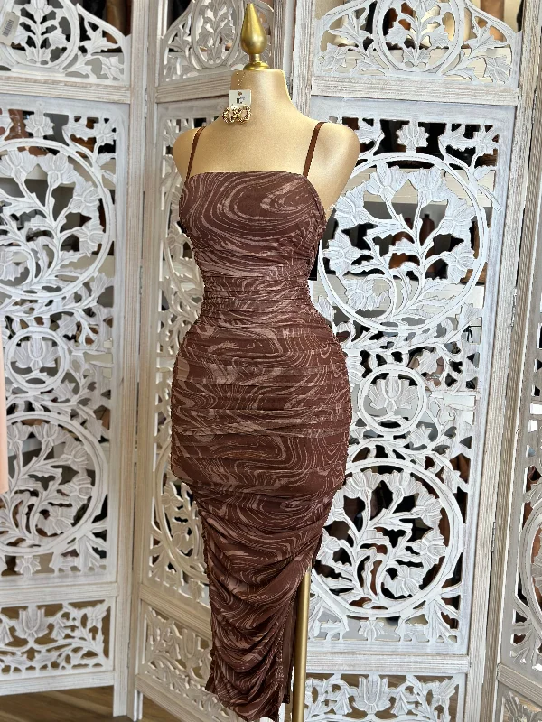 brown boho dress-Marble Pattern Midi Dress- Stretchy