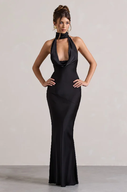 A-line cocktail dress-Matea | Black Satin Cowl-Neck Maxi Dress