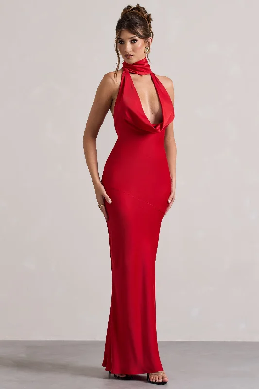 peplum party dress-Matea | Red Satin Cowl-Neck Maxi Dress