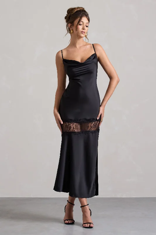 leather cocktail dress-Matera | Black Satin Cowl-Neck Lace Trim Maxi Dress