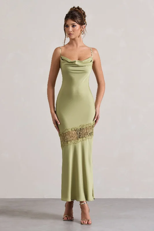 ruched evening dress-Matera | Light Olive Satin Cowl-Neck Lace Trim Maxi Dress