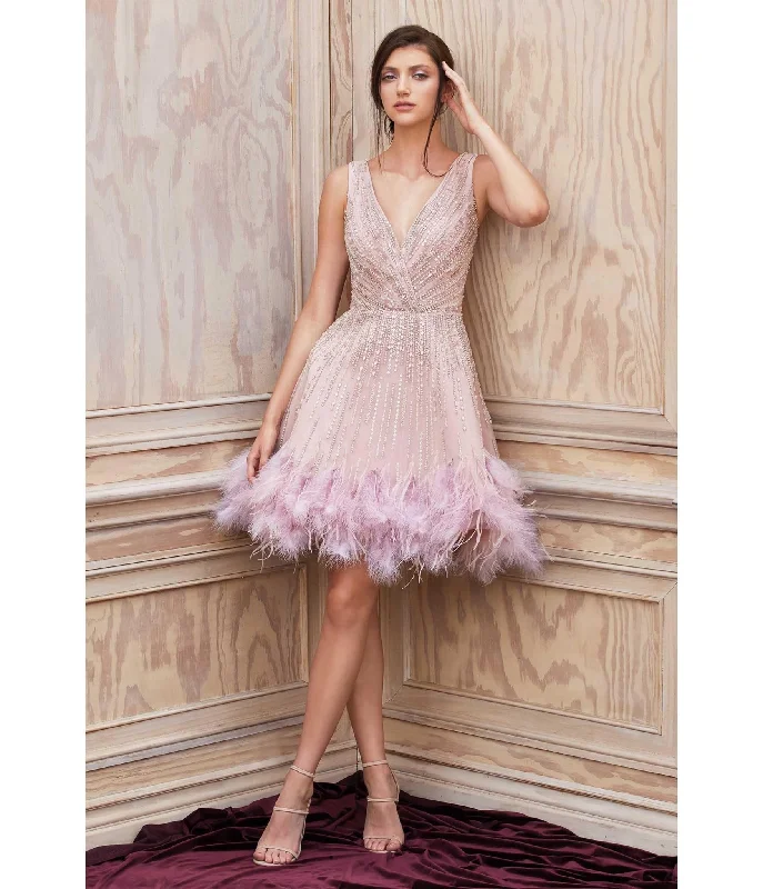 boho chic dress-Cinderella Divine  Mauve Rhinestone & Feather Hem Bridesmaid Cocktail Dress