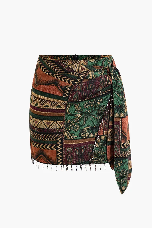 ruby red dress-Ethnic Pattern Beaded Fringe Mini Skirt