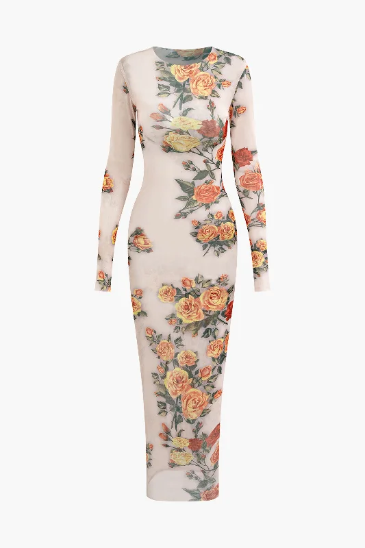 leather evening dress-Floral Print Mesh Long Sleeve Maxi Dress