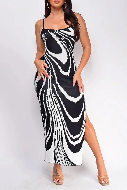 knit evening dress-Abstract Print  Backless Tie Slit Slip Slit Midi Dress