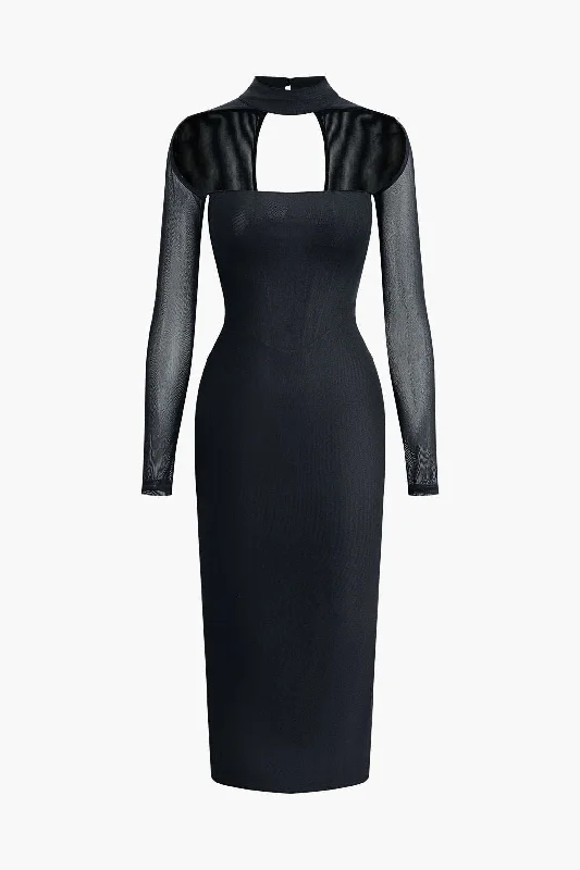 velvet party dress-Cut Out Mesh Mock Neck Zipper Midi Dress