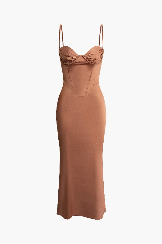 lavender cocktail dress-Solid Ruched Slip Midi Dress