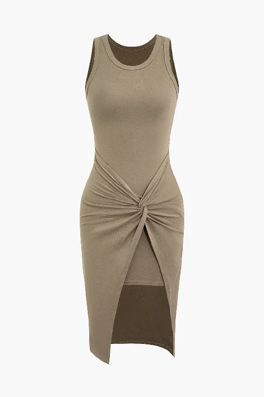 asymmetrical hem dress-Twist Wrap Sleeveless Midi Dress