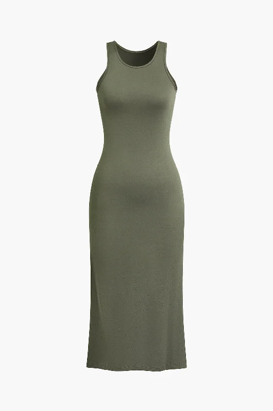 long sleeve evening dress-Solid Cut Out Back Sleeveless Midi Dress