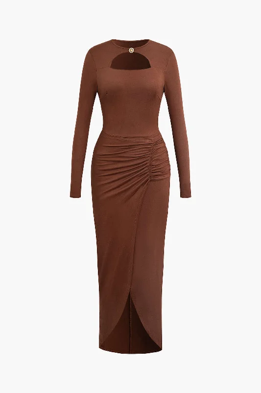 shift prom dress-Cut Out Ruched Long Sleeve Wrap Slit Midi Dress