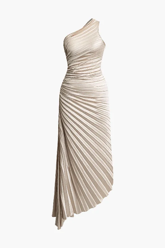 vintage prom dress-Asymmetrical One Shoulder Pleated Midi Dress