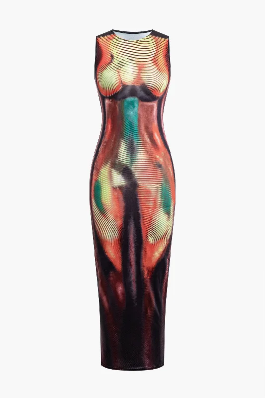 tulle cocktail dress-Abstract Print Tank Midi Dress