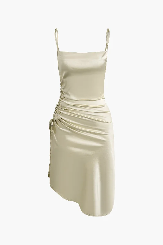 beige evening dress-Asymmetrical Ruched Slip Midi Dress