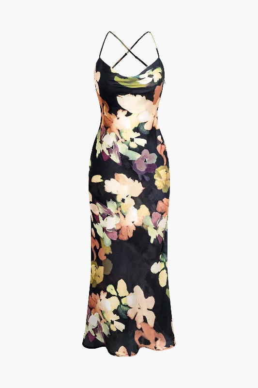 one shoulder cocktail dress-Floral Print Halter Midi Dress